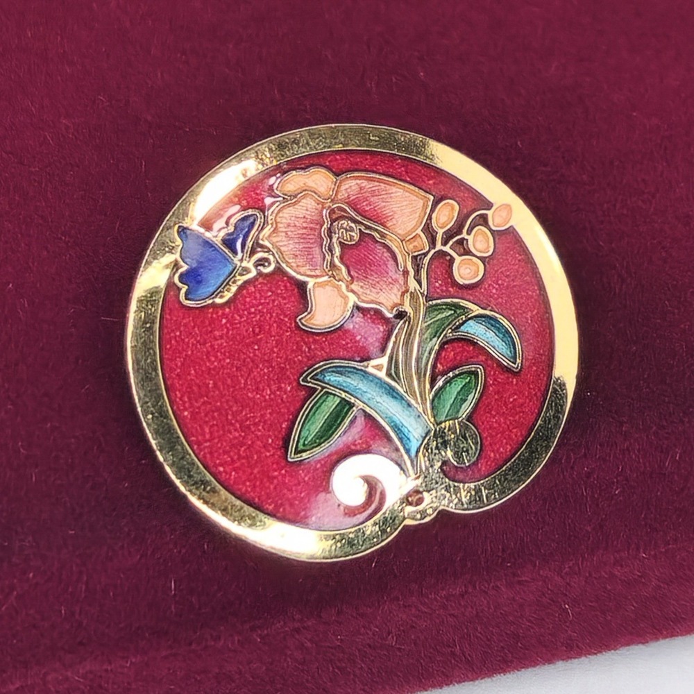 Vintage SG Signed Cloisonne Enamel Flower Butterfly Brooch Pin Gold Tone Red